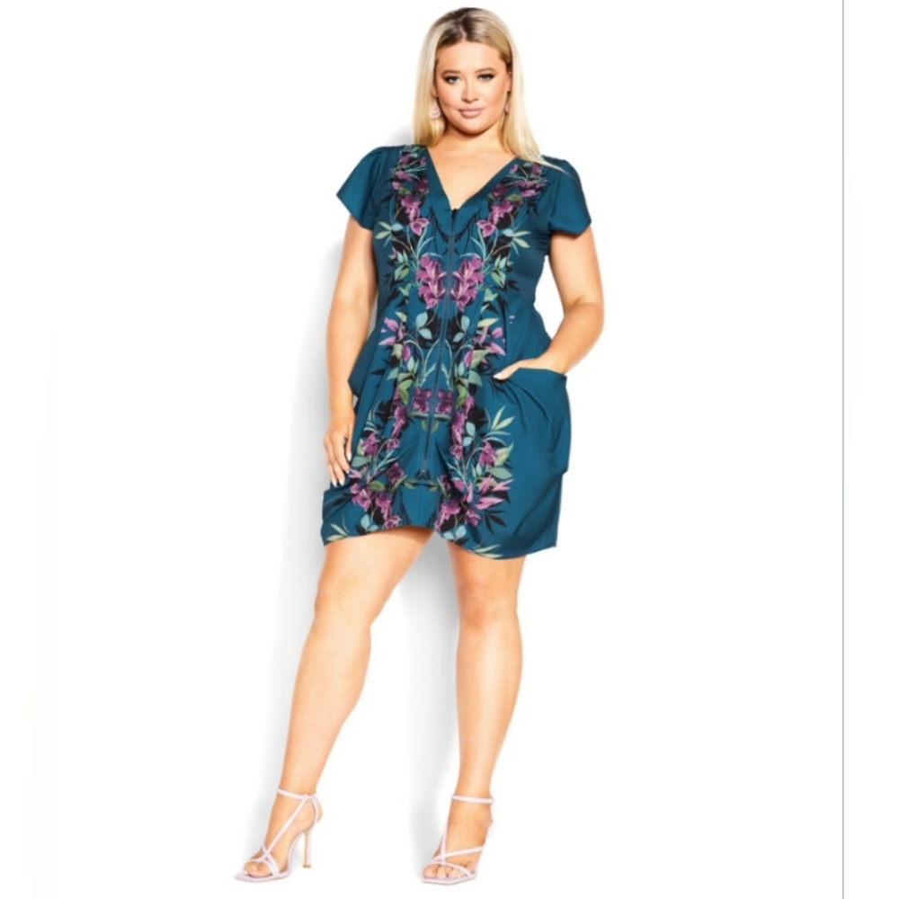 City Chic Teal Mini Dress with Purple Floral Embroidery